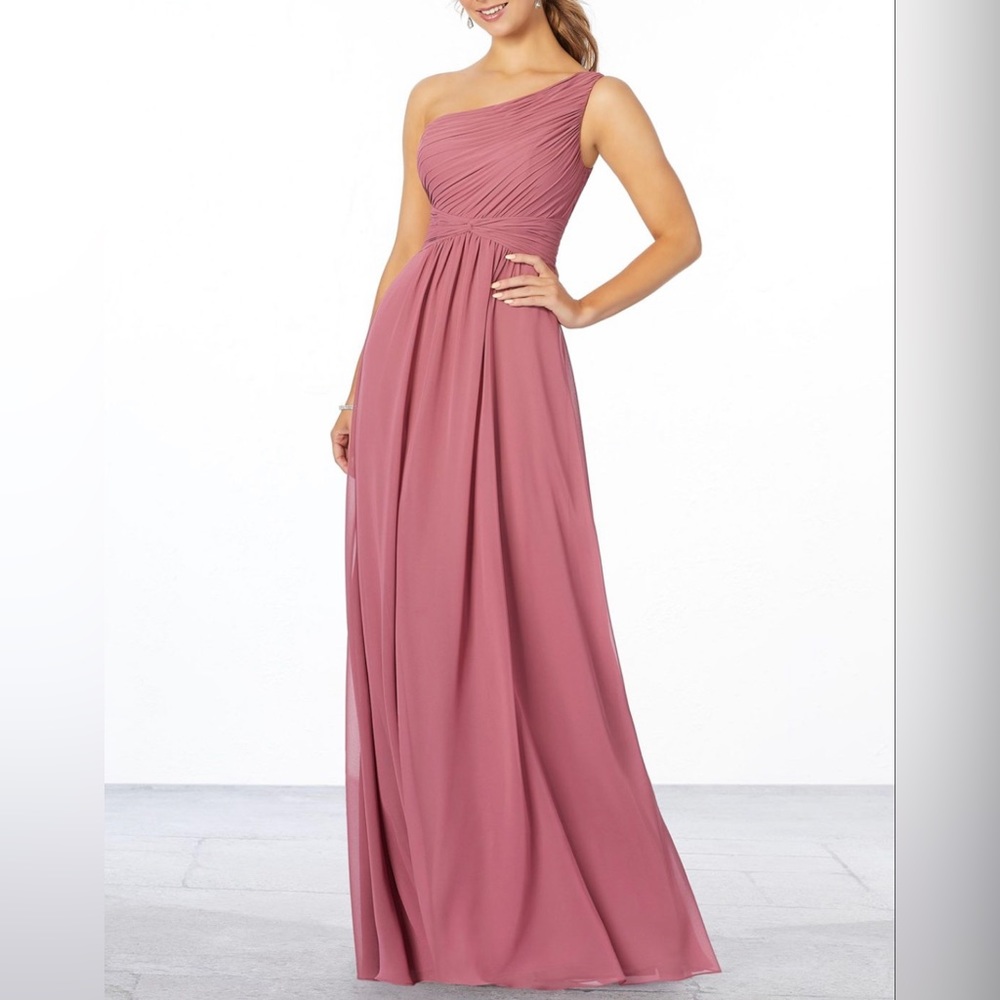 Morilee One-Shoulder Chiffon Bridesmaid Dress STYLE #21662, size 10 in Champagne